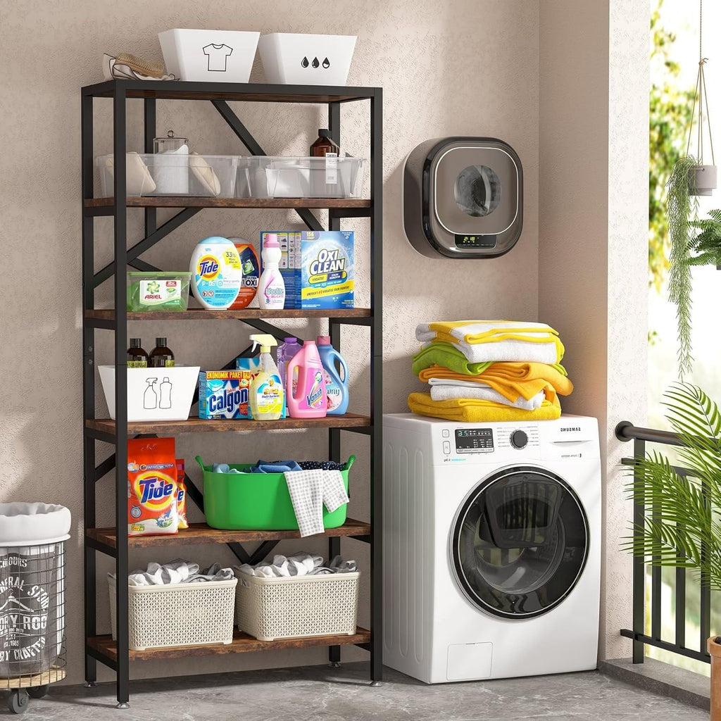 Bibliothèque industrielle 71, étagère à 6 niveaux en bois brun rustique, étagères ouvertes