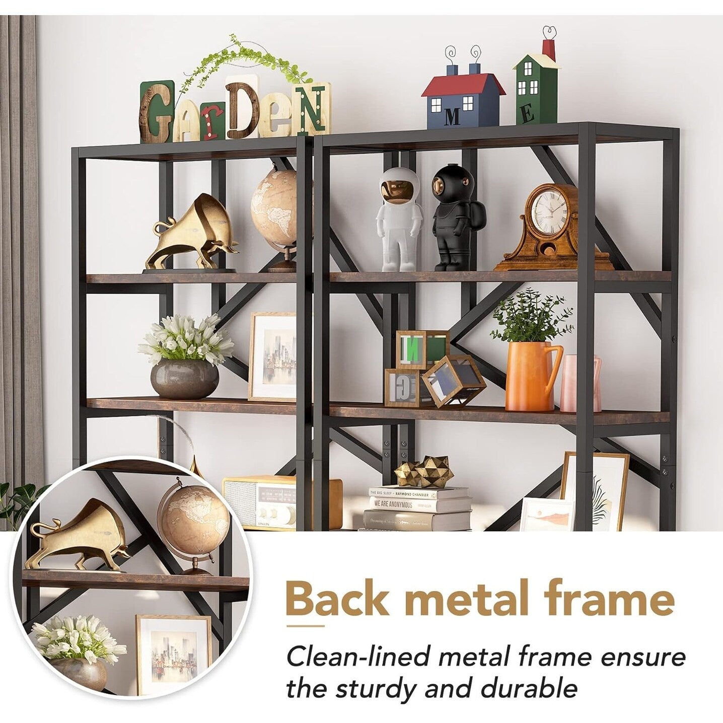 Bibliothèque industrielle 71, étagère à 6 niveaux en bois brun rustique, étagères ouvertes