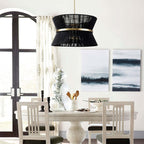 Lustre tambour moderne bohème à 8 lumières, grand modèle de 61 cm (24 pouces), en tissu tissé à la main, forme sablier, coloris or/noir, idéal pour salle à manger/salon.