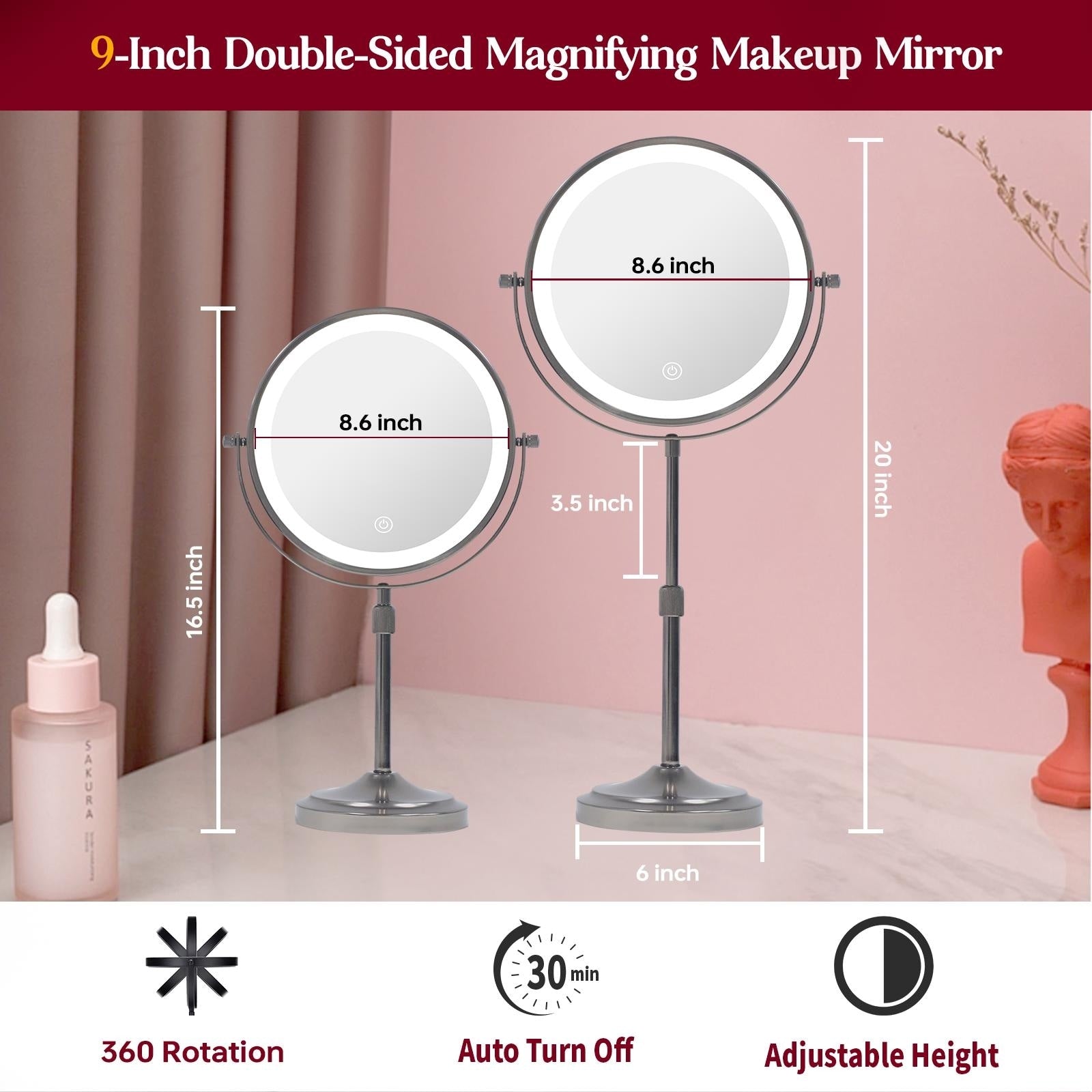Miroir de maquillage lumineux à 9 LED, miroir grossissant double face avec grossissement 1x/10x, 3 couleurs d'éclairage