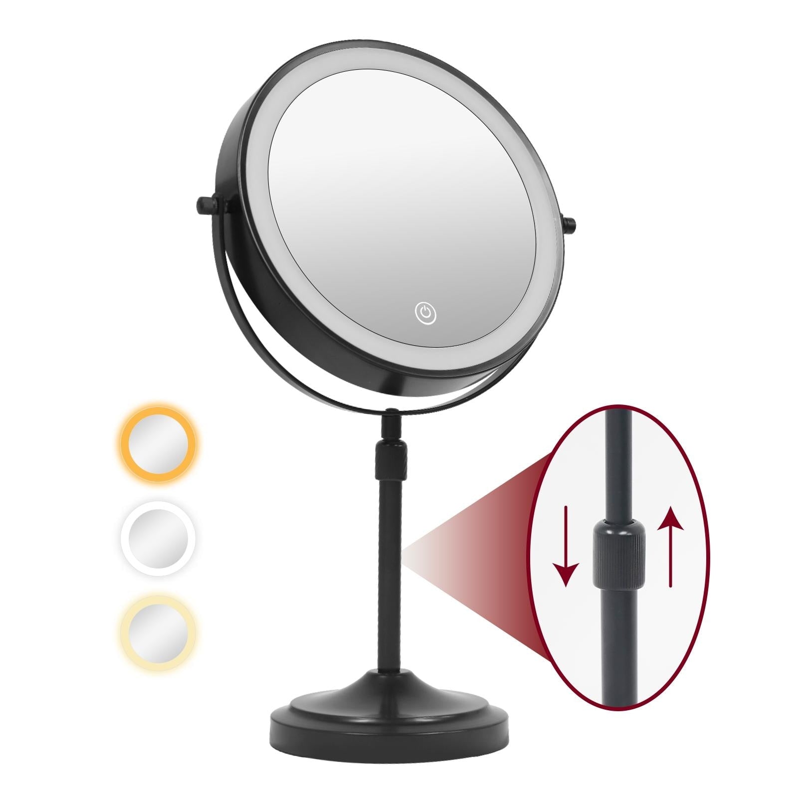 Miroir de maquillage lumineux à 9 LED, miroir grossissant double face avec grossissement 1x/10x, 3 couleurs d'éclairage