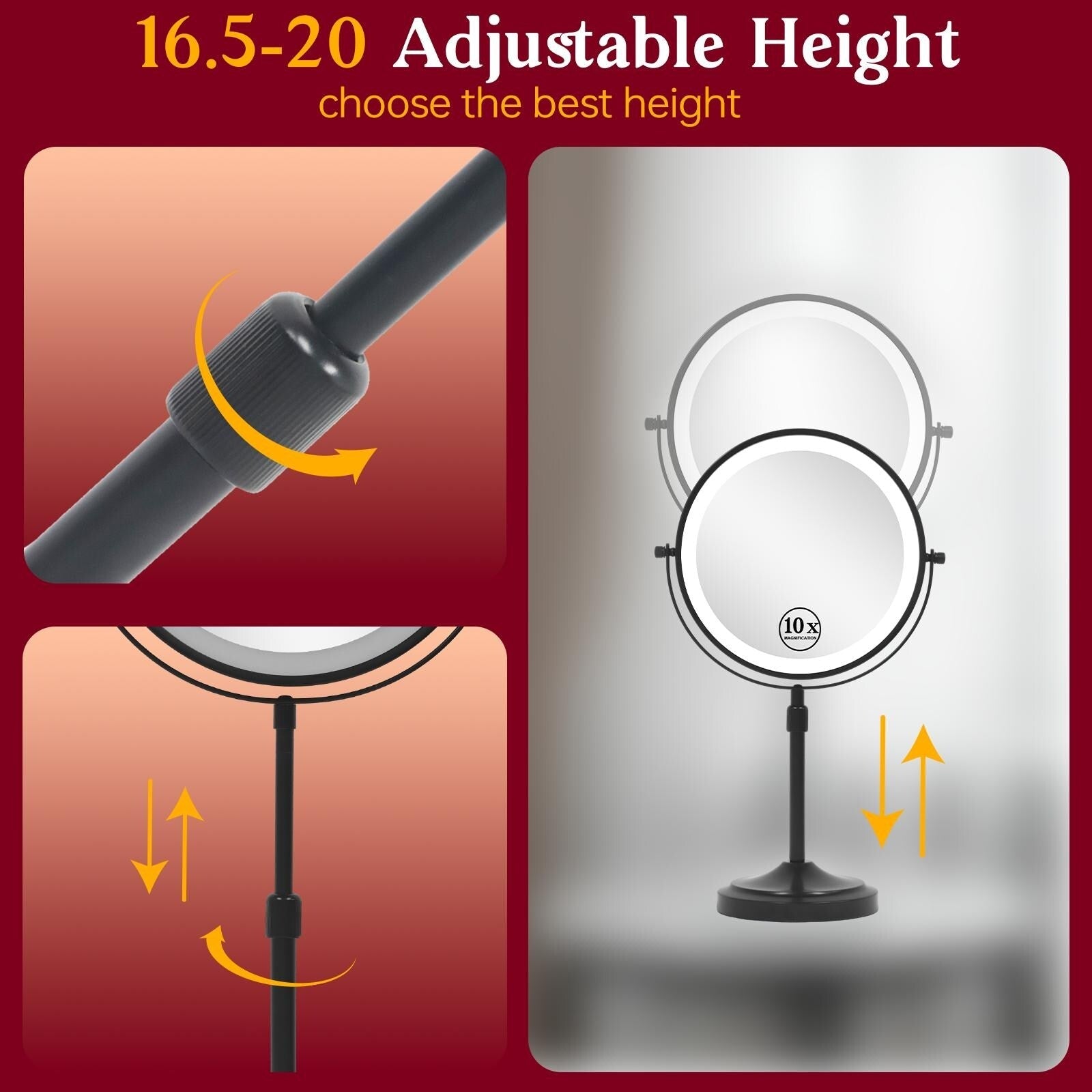 Miroir de maquillage lumineux à 9 LED, miroir grossissant double face avec grossissement 1x/10x, 3 couleurs d'éclairage