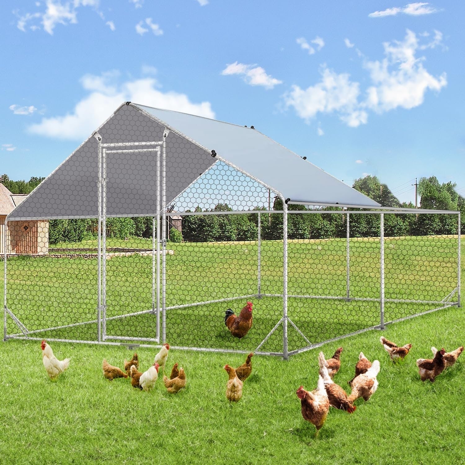 AECOJOY Grand poulailler métallique avec enclos et cage à poules accessibles à pied