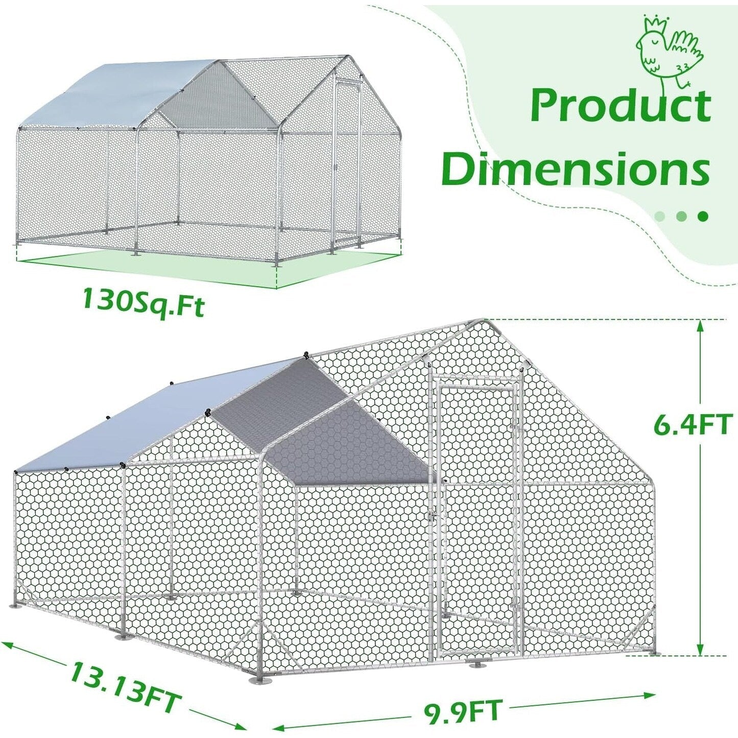 AECOJOY Grand poulailler métallique avec enclos et cage à poules accessibles à pied