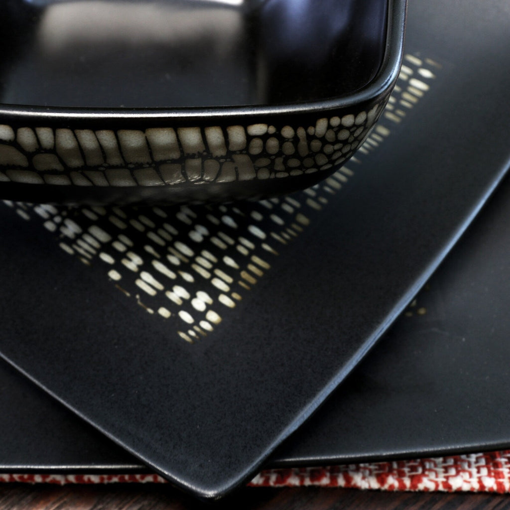 Service de table 16 pièces en grès noir à double bol carré abstrait