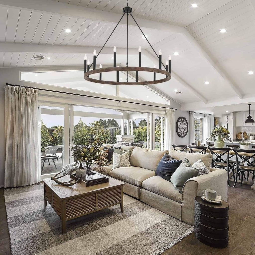 Lustre Acroma style ferme à 12 lumières, forme roue de chariot, 101,6 cm (40 po), homologué UL - 101,6 cm (40 po) de profondeur x 350 cm (138 po) de hauteur