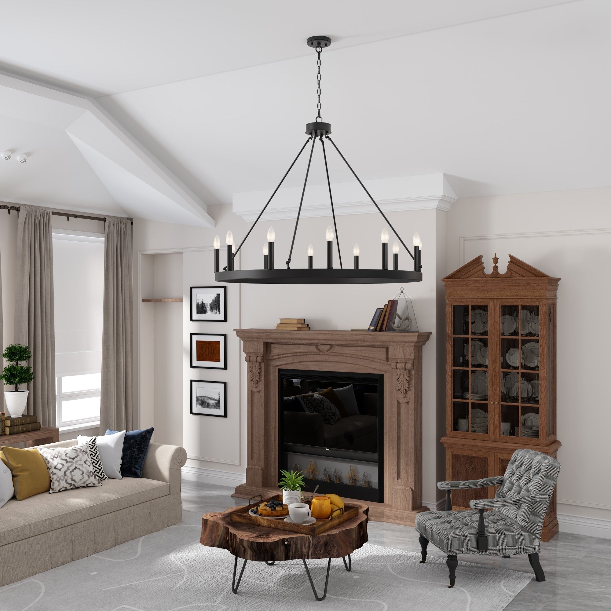 Lustre Acroma style ferme à 12 lumières, forme roue de chariot, 101,6 cm (40 po), homologué UL - 101,6 cm (40 po) de profondeur x 350 cm (138 po) de hauteur