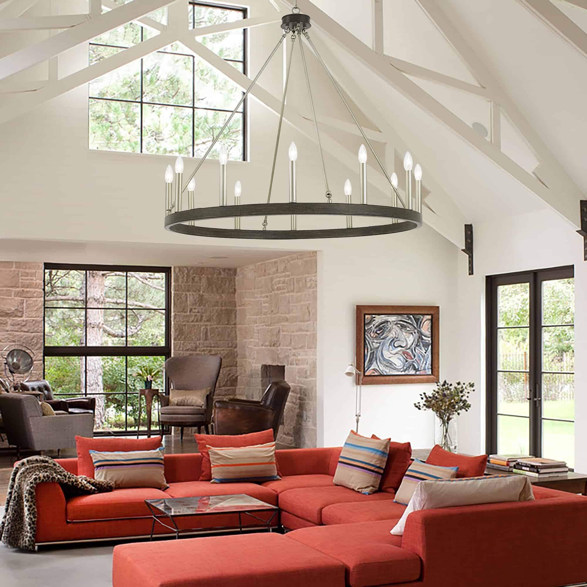 Lustre Acroma style ferme à 12 lumières, forme roue de chariot, 101,6 cm (40 po), homologué UL - 101,6 cm (40 po) de profondeur x 350 cm (138 po) de hauteur