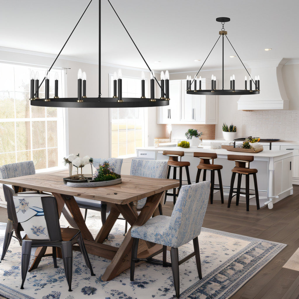 Lustre Acroma style ferme à 12 lumières, forme roue de chariot, 101,6 cm (40 po), homologué UL - 101,6 cm (40 po) de profondeur x 350 cm (138 po) de hauteur