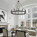 Lustre Acroma style ferme à 12 lumières, forme roue de chariot, 101,6 cm (40 po), homologué UL - 101,6 cm (40 po) de profondeur x 350 cm (138 po) de hauteur