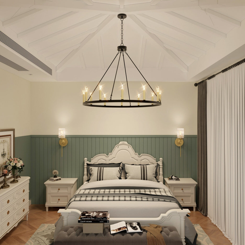 Lustre Acroma style ferme à 12 lumières, forme roue de chariot, 101,6 cm (40 po), homologué UL - 101,6 cm (40 po) de profondeur x 350 cm (138 po) de hauteur