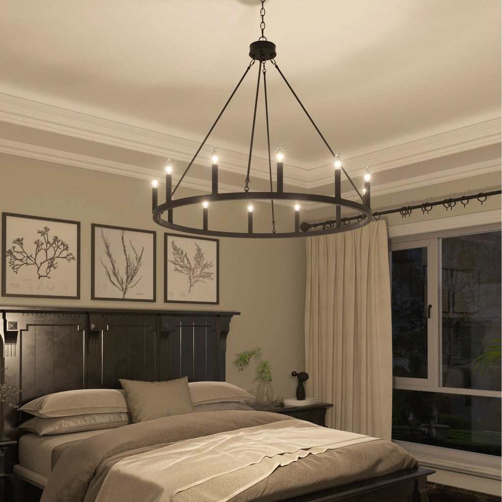 Lustre Acroma style ferme à 12 lumières, forme roue de chariot, 101,6 cm (40 po), homologué UL - 101,6 cm (40 po) de profondeur x 350 cm (138 po) de hauteur