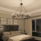 Lustre Acroma style ferme à 12 lumières, forme roue de chariot, 101,6 cm (40 po), homologué UL - 101,6 cm (40 po) de profondeur x 350 cm (138 po) de hauteur