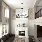 Lustre Acroma style ferme à 12 lumières, forme roue de chariot, 101,6 cm (40 po), homologué UL - 101,6 cm (40 po) de profondeur x 350 cm (138 po) de hauteur