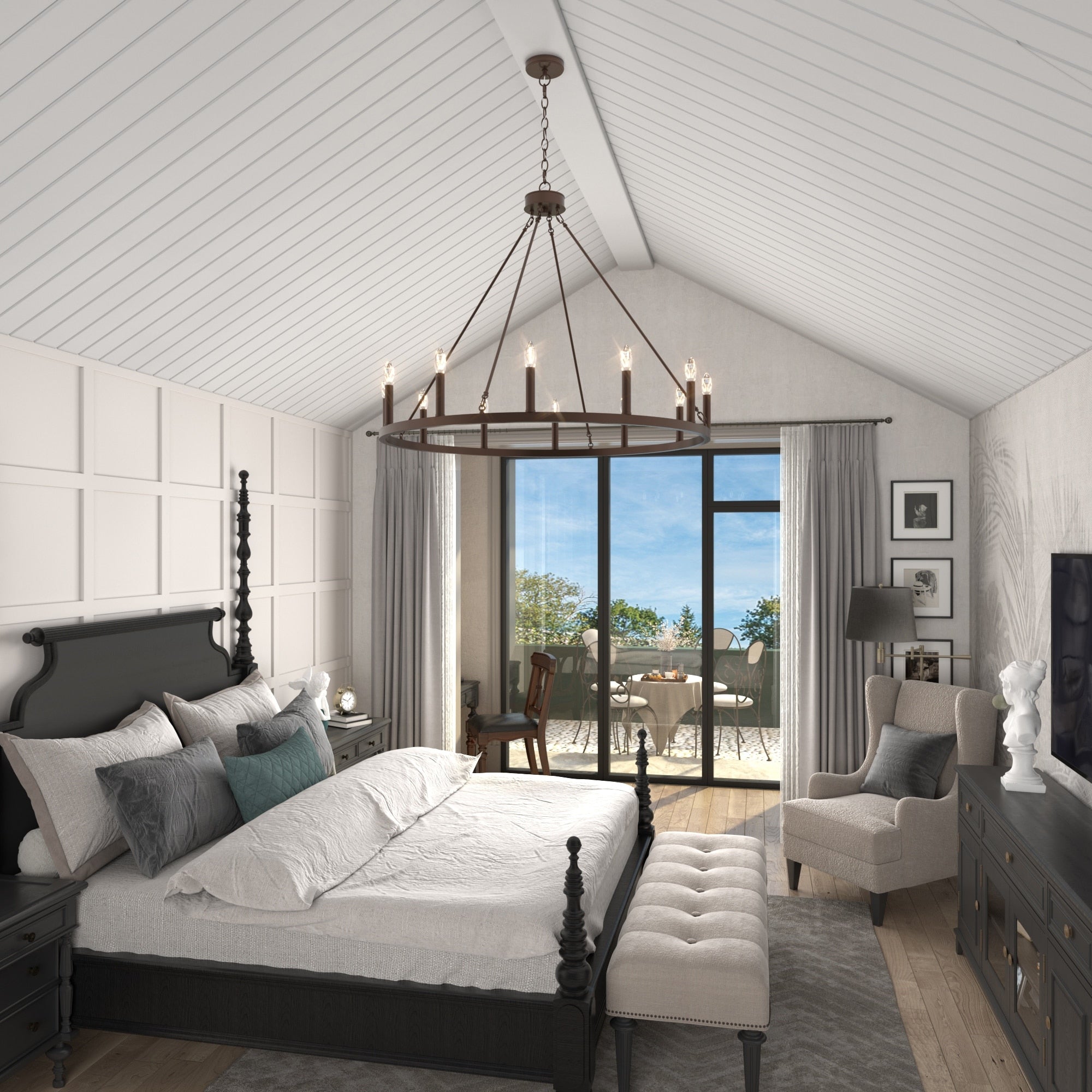 Lustre Acroma style ferme à 12 lumières, forme roue de chariot, 101,6 cm (40 po), homologué UL - 101,6 cm (40 po) de profondeur x 350 cm (138 po) de hauteur