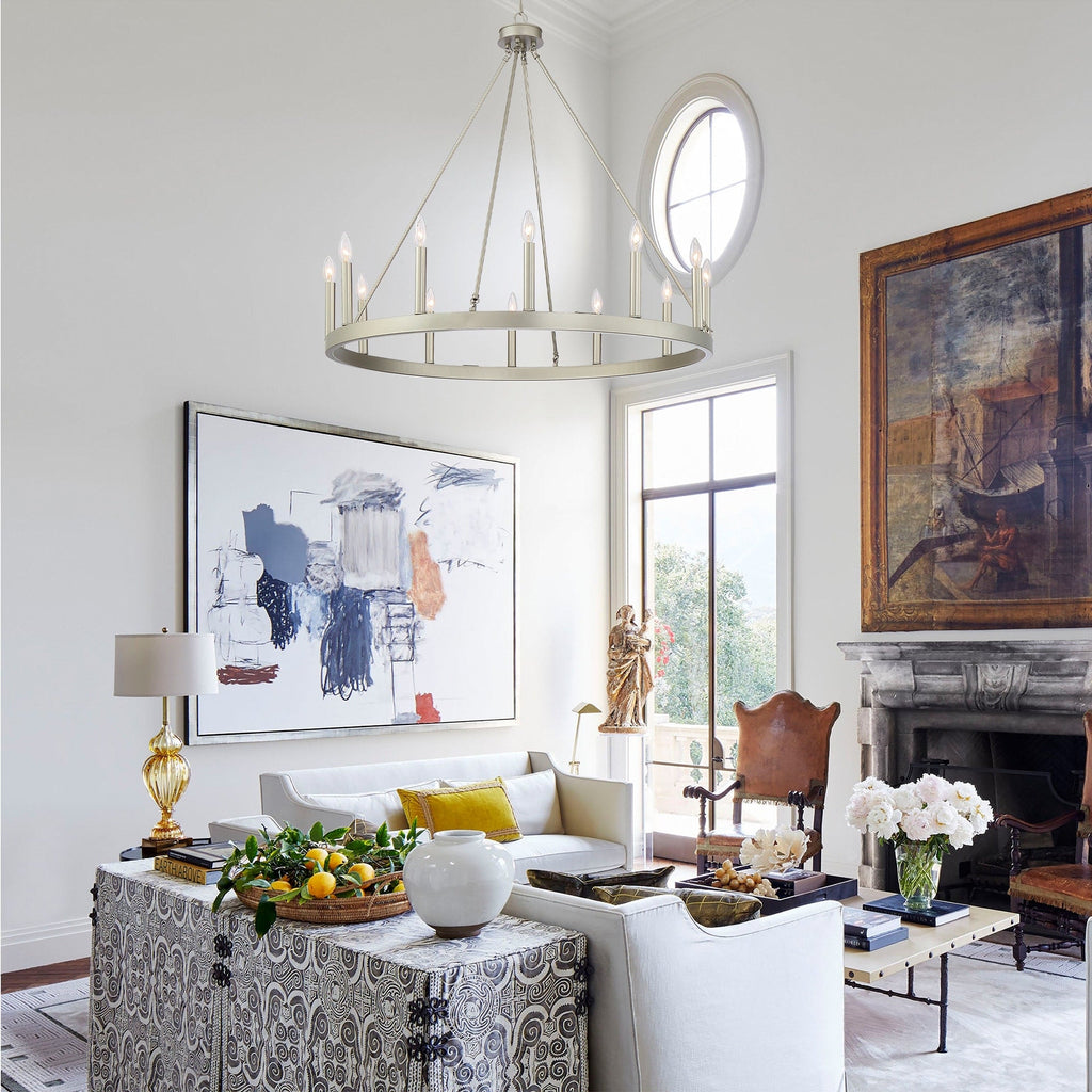 Lustre Acroma style ferme à 12 lumières, forme roue de chariot, 101,6 cm (40 po), homologué UL - 101,6 cm (40 po) de profondeur x 350 cm (138 po) de hauteur