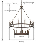 Lustre Acroma moderne à 20 lumières, style ferme, rond, 40 po, en forme de roue de chariot, homologué UL.