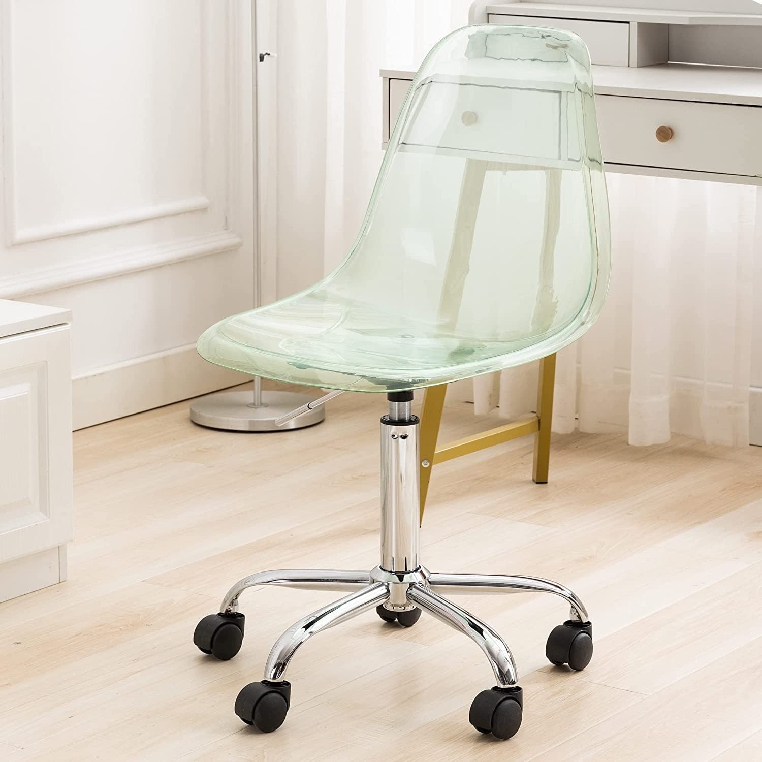 Chaise de bureau à roulettes pivotante en acrylique, sans accoudoirs et réglable en hauteur