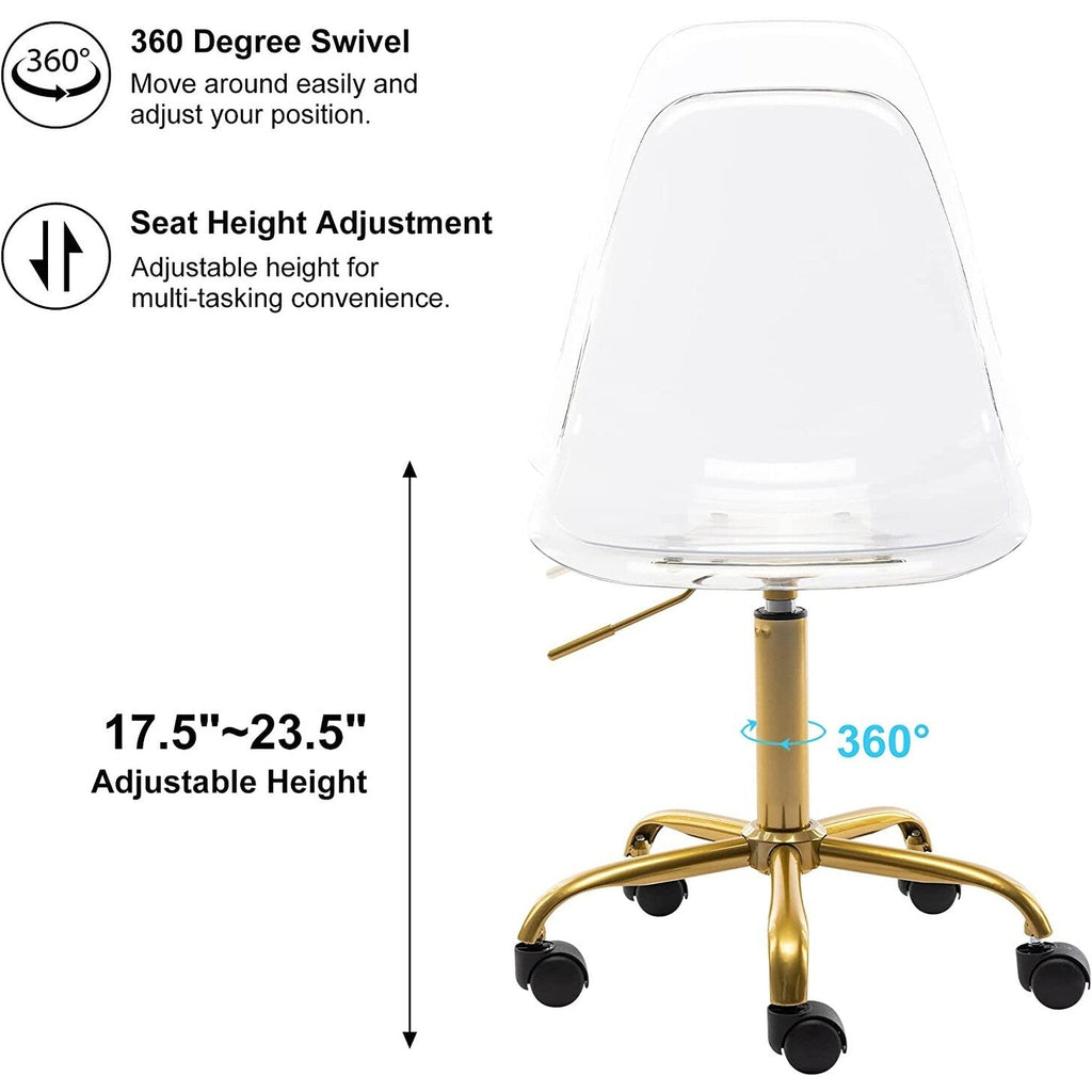 Chaise de bureau à roulettes pivotante en acrylique, sans accoudoirs et réglable en hauteur