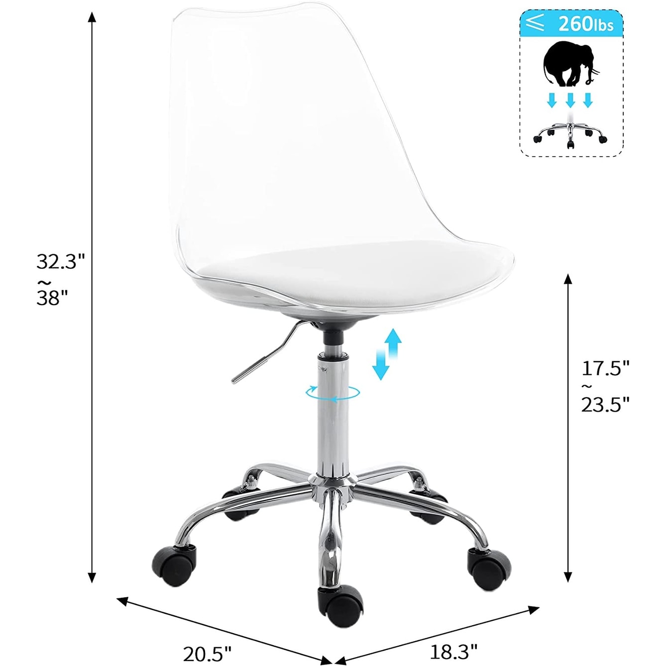 Chaise de bureau à roulettes pivotante en acrylique, sans accoudoirs et réglable en hauteur