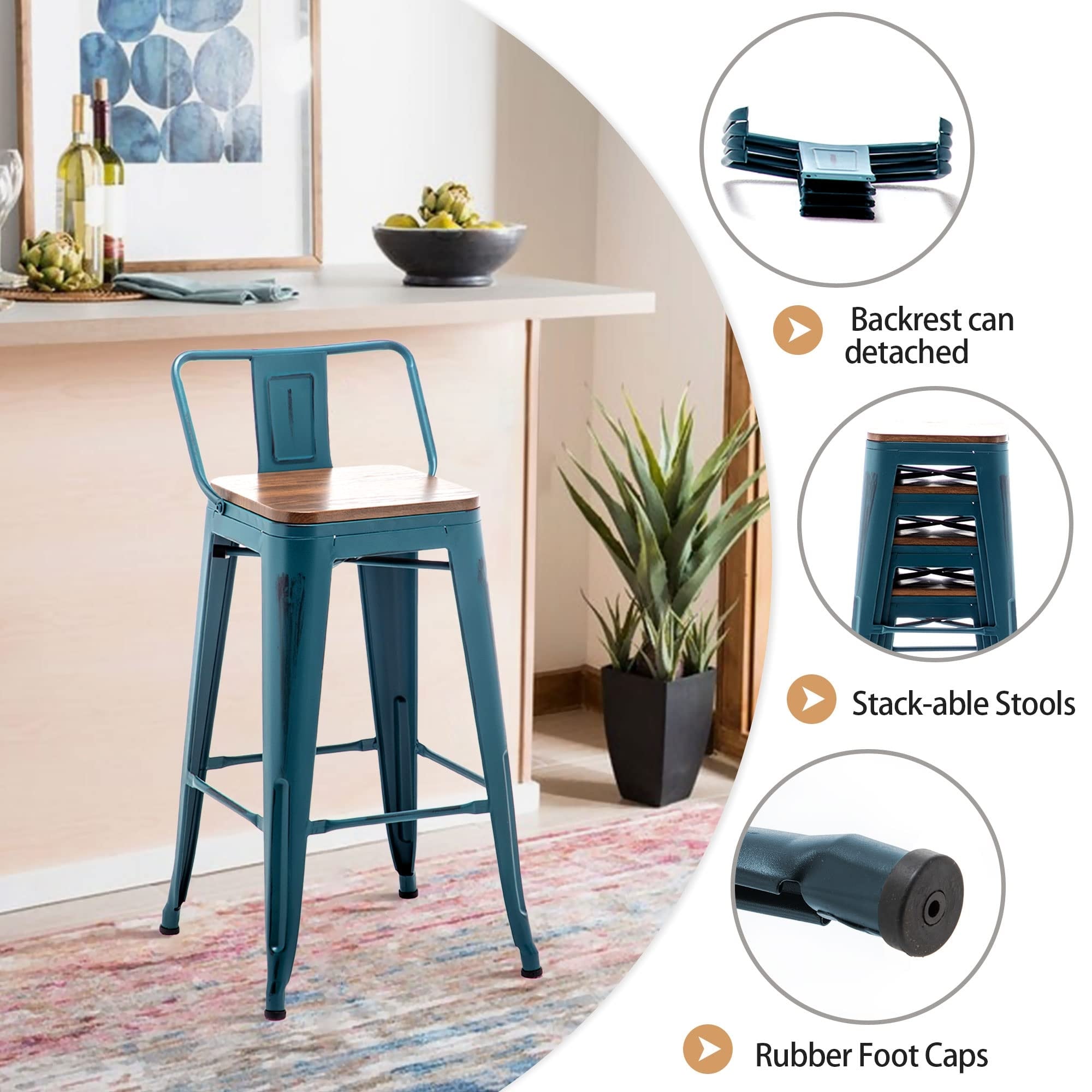 Ensemble de 4 tabourets de bar industriels en métal avec dossier et assise en bois