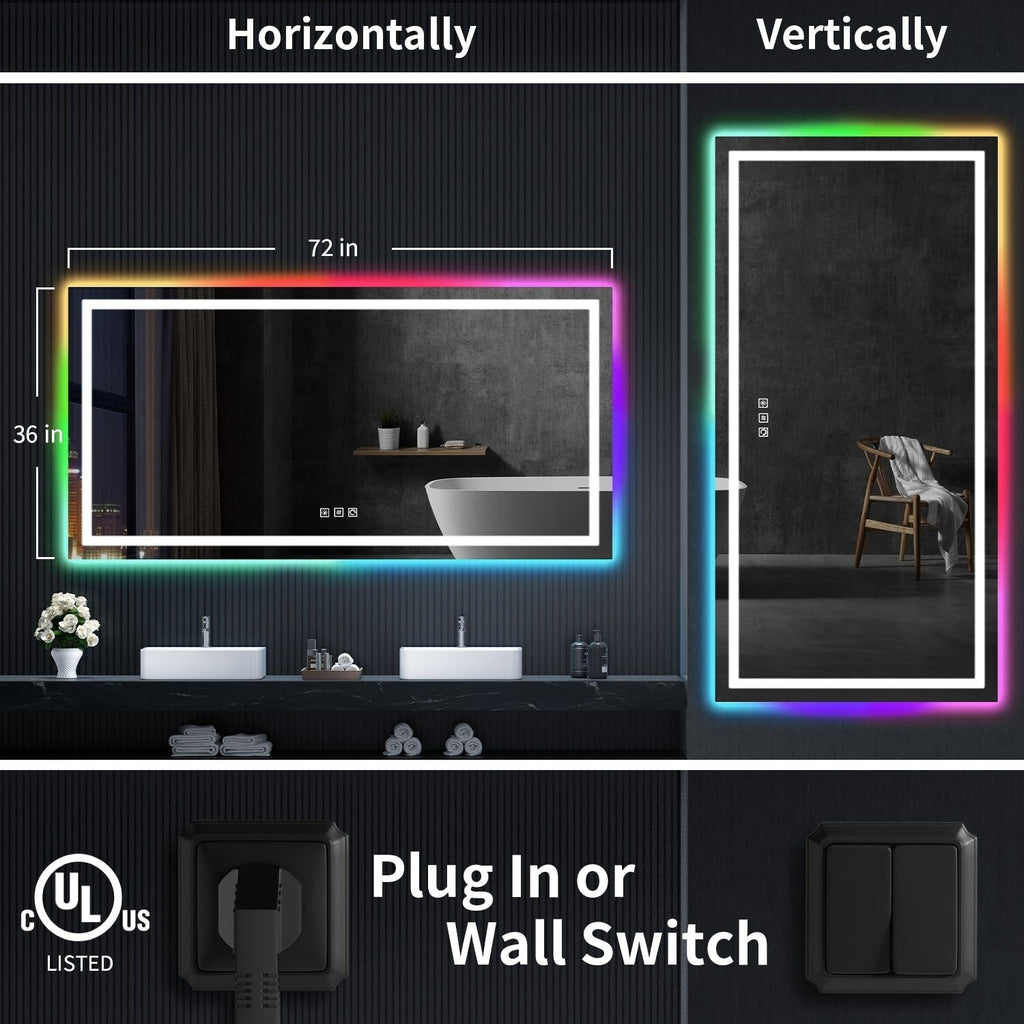 Miroir de salle de bain antibuée rétroéclairé RGB et éclairé par LED