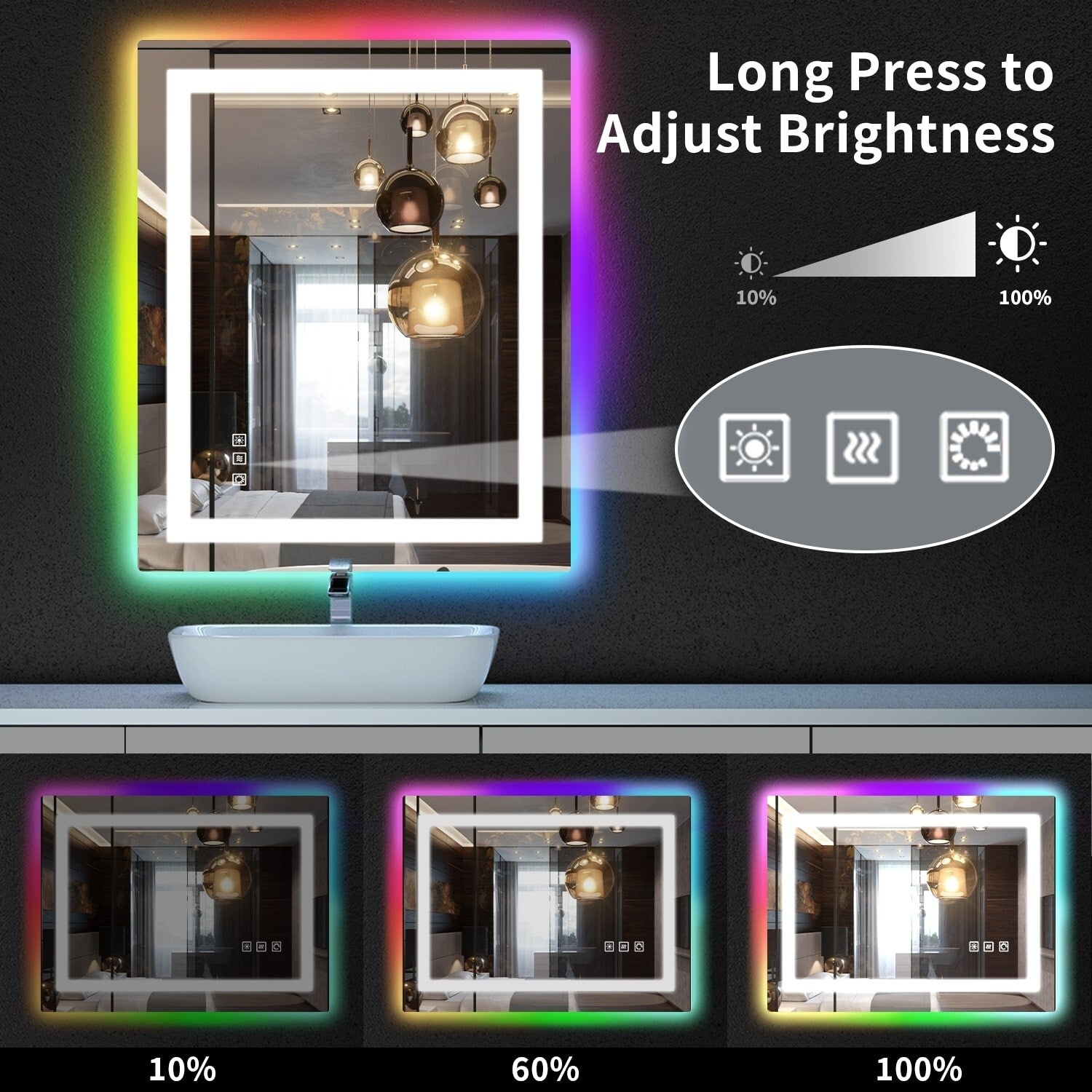 Miroir de salle de bain antibuée rétroéclairé RGB et éclairé par LED