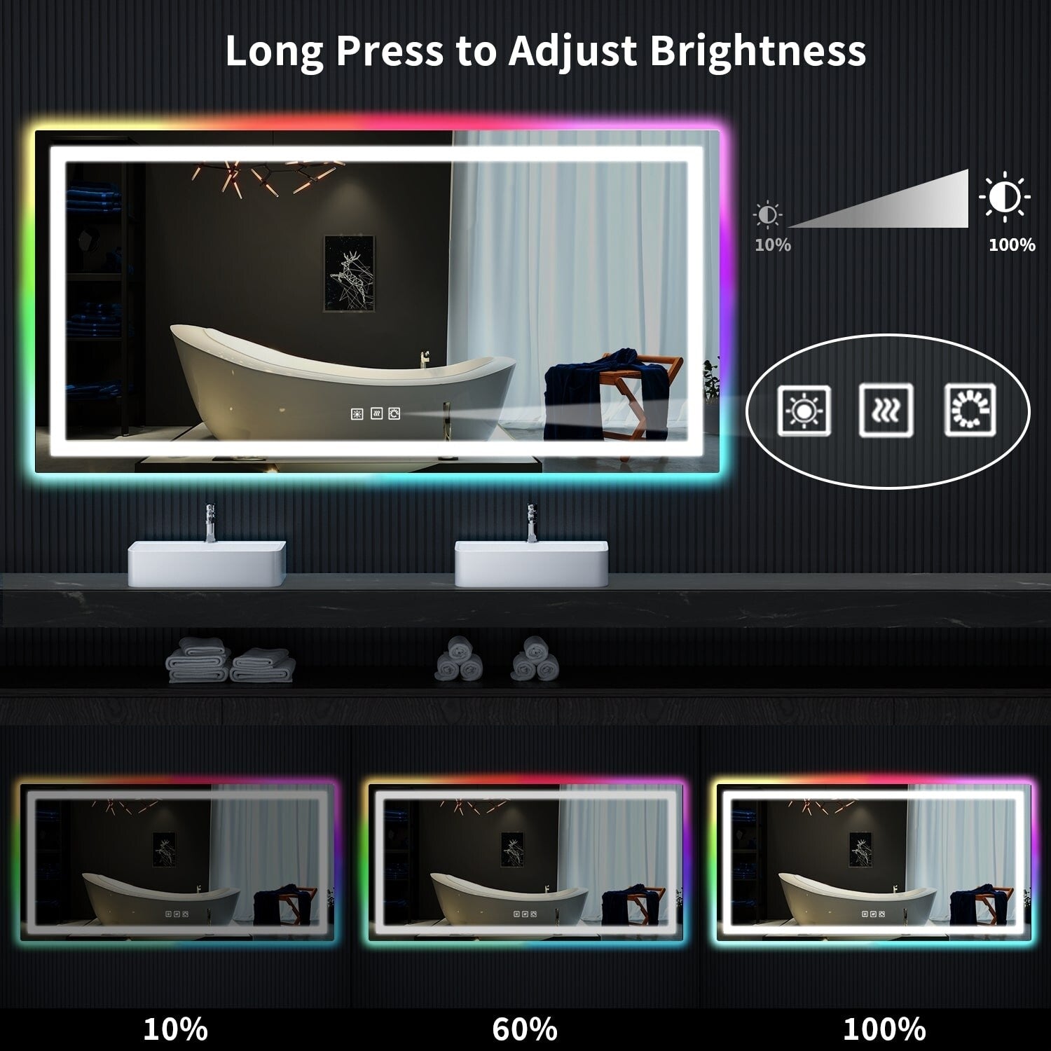 Miroir de salle de bain antibuée rétroéclairé RGB et éclairé par LED