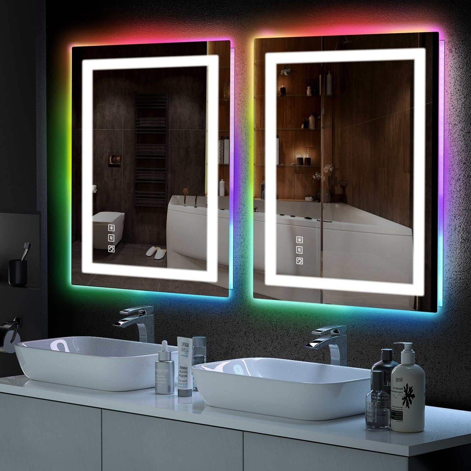Miroir de salle de bain antibuée rétroéclairé RGB et éclairé par LED