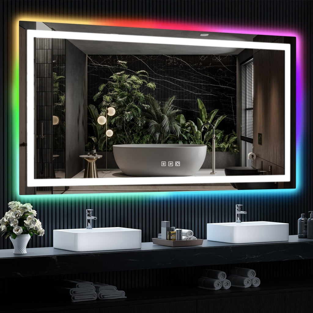 Miroir de salle de bain antibuée rétroéclairé RGB et éclairé par LED
