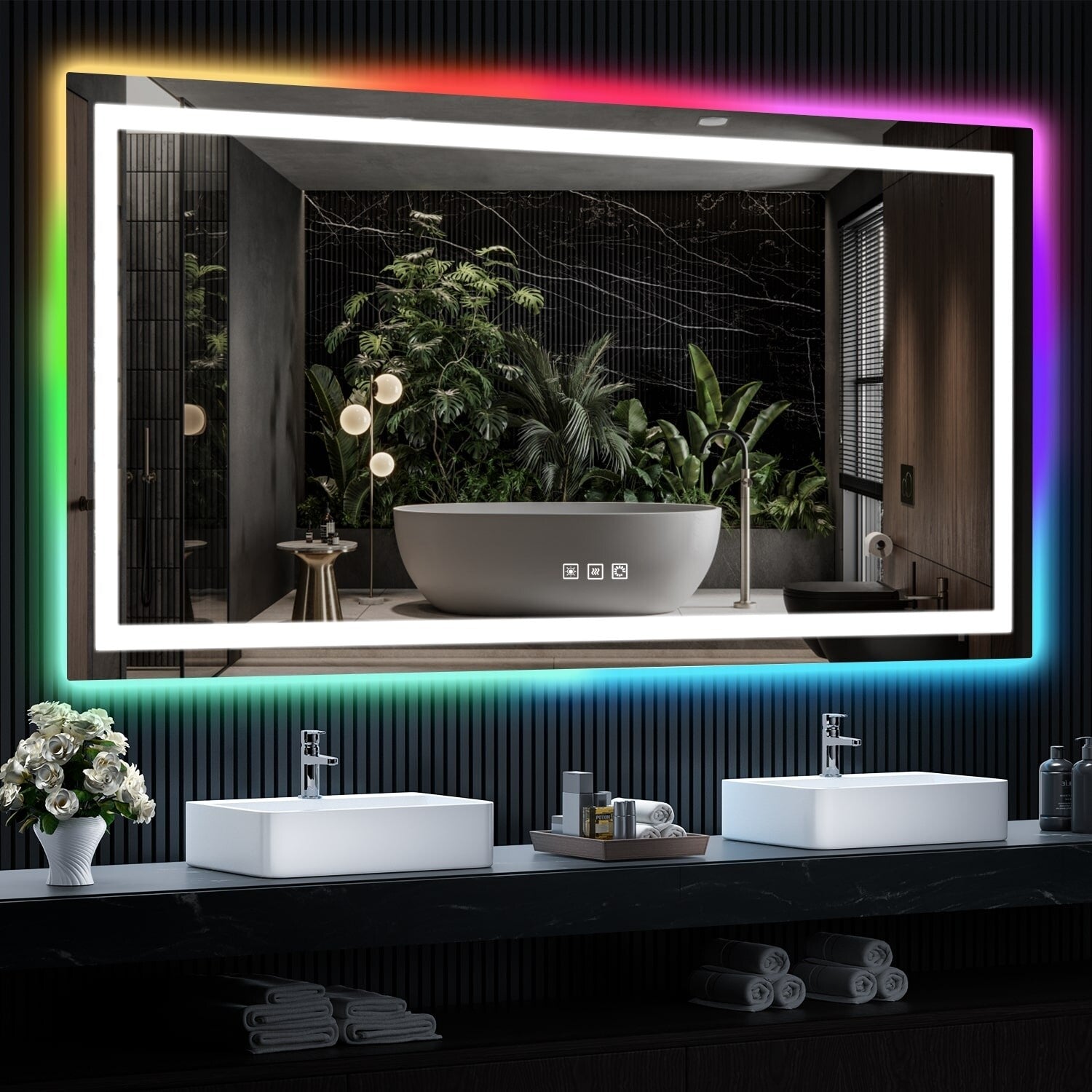 Miroir de salle de bain antibuée rétroéclairé RGB et éclairé par LED