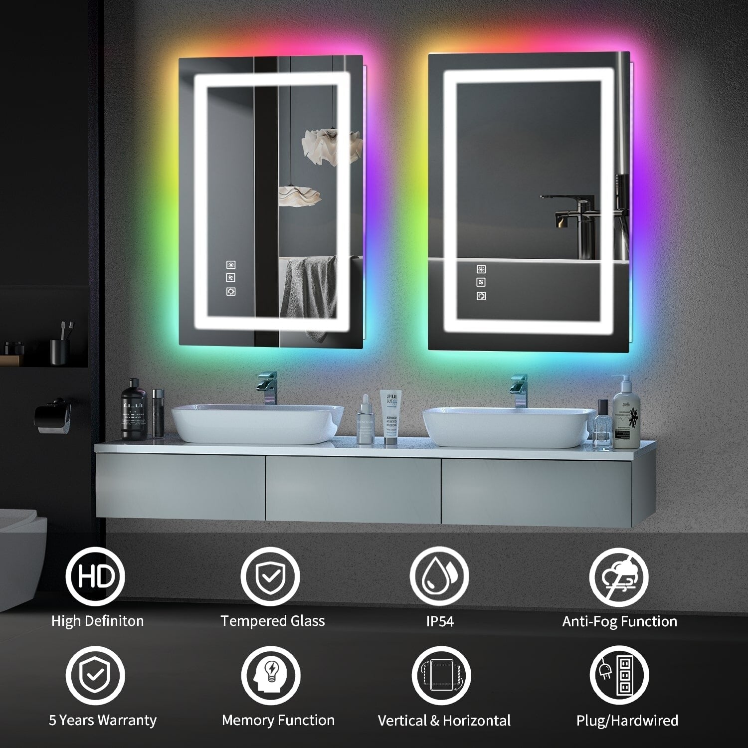 Miroir de salle de bain antibuée rétroéclairé RGB et éclairé par LED