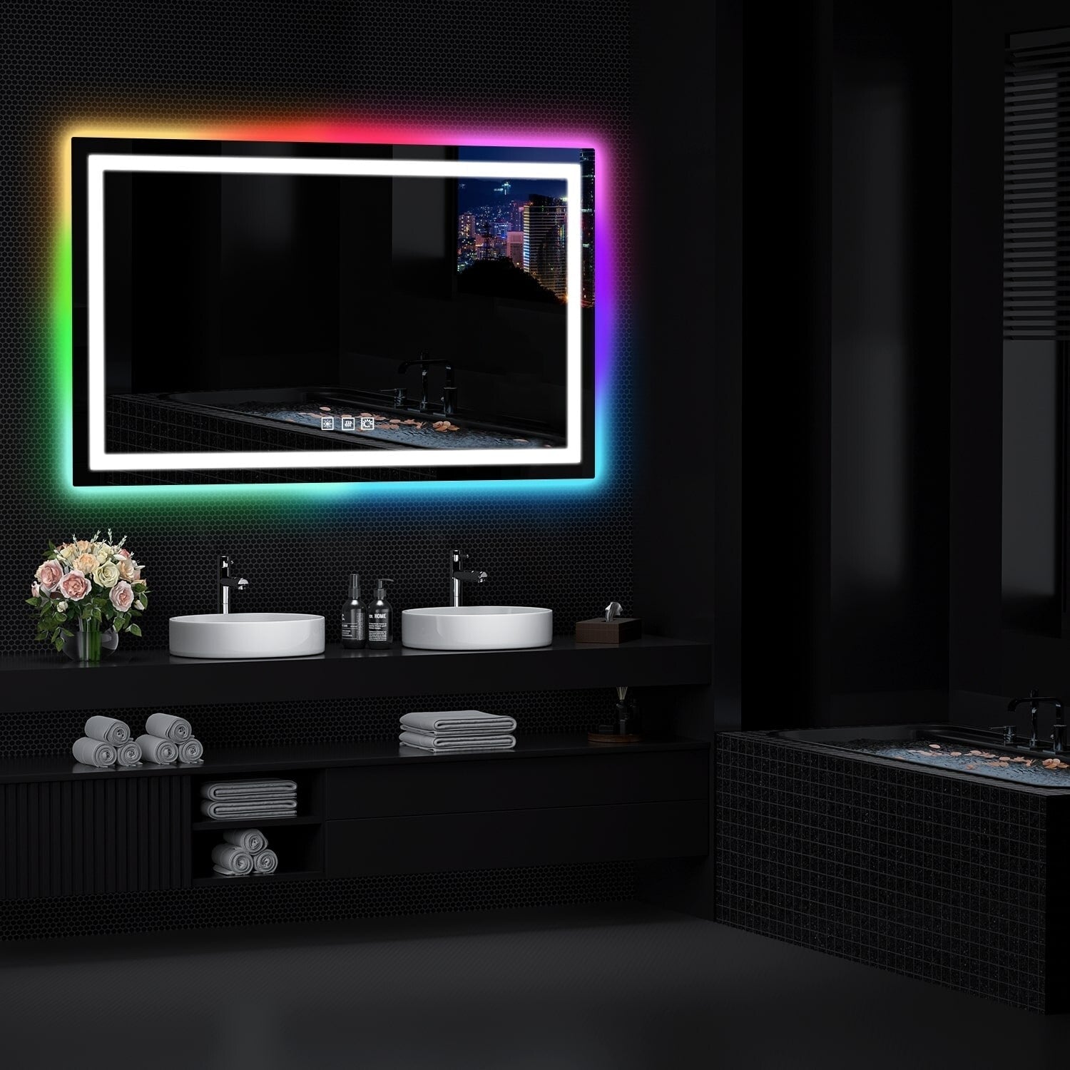 Miroir de salle de bain antibuée rétroéclairé RGB et éclairé par LED