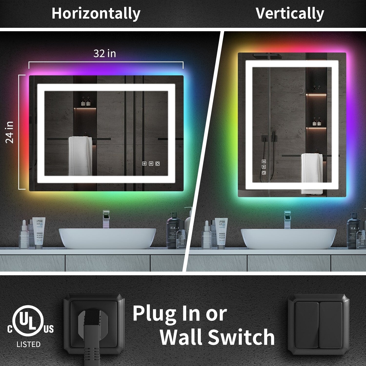 Miroir de salle de bain antibuée rétroéclairé RGB et éclairé par LED