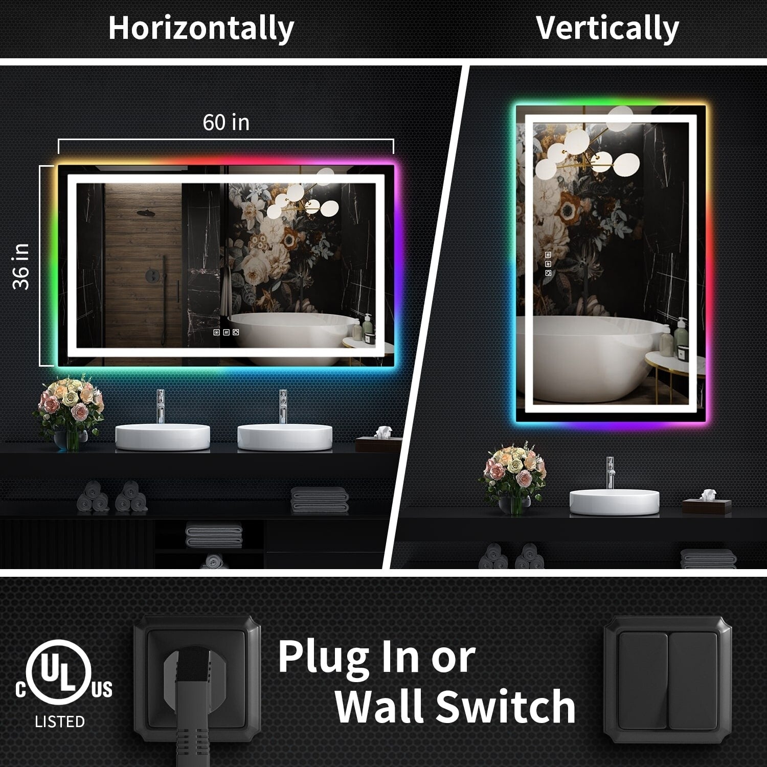 Miroir de salle de bain antibuée rétroéclairé RGB et éclairé par LED