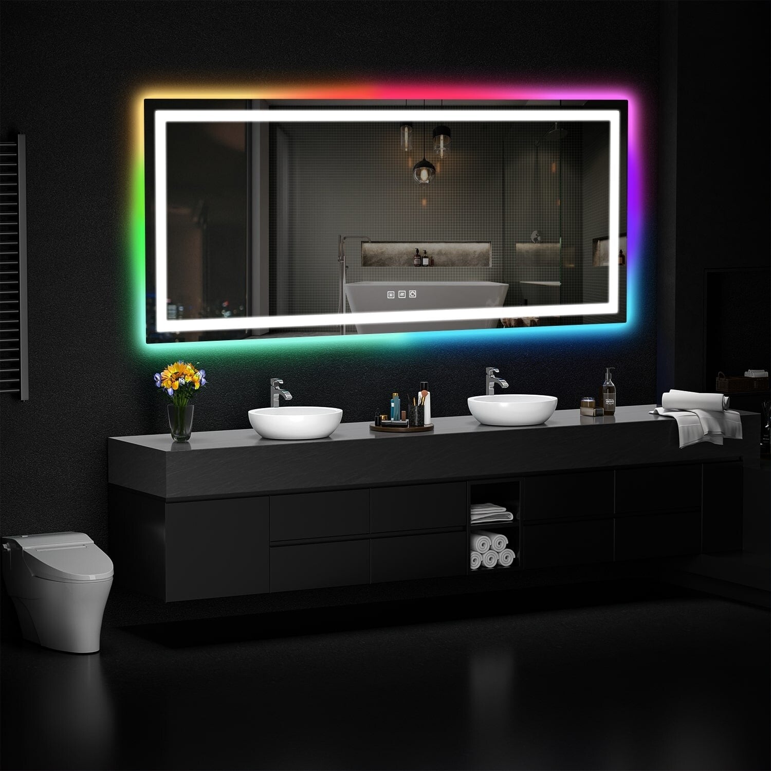 Miroir de salle de bain antibuée rétroéclairé RGB et éclairé par LED