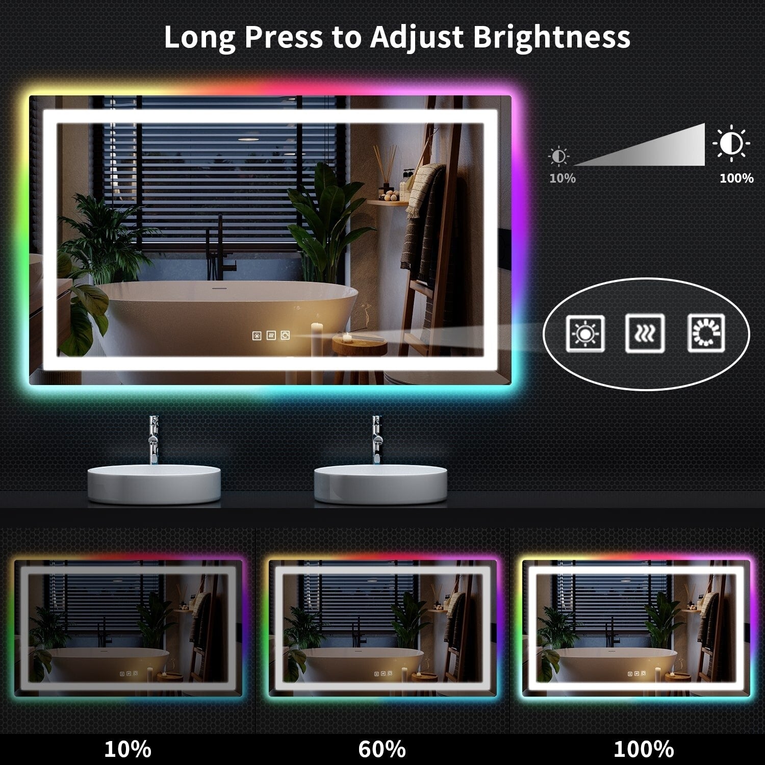 Miroir de salle de bain antibuée rétroéclairé RGB et éclairé par LED