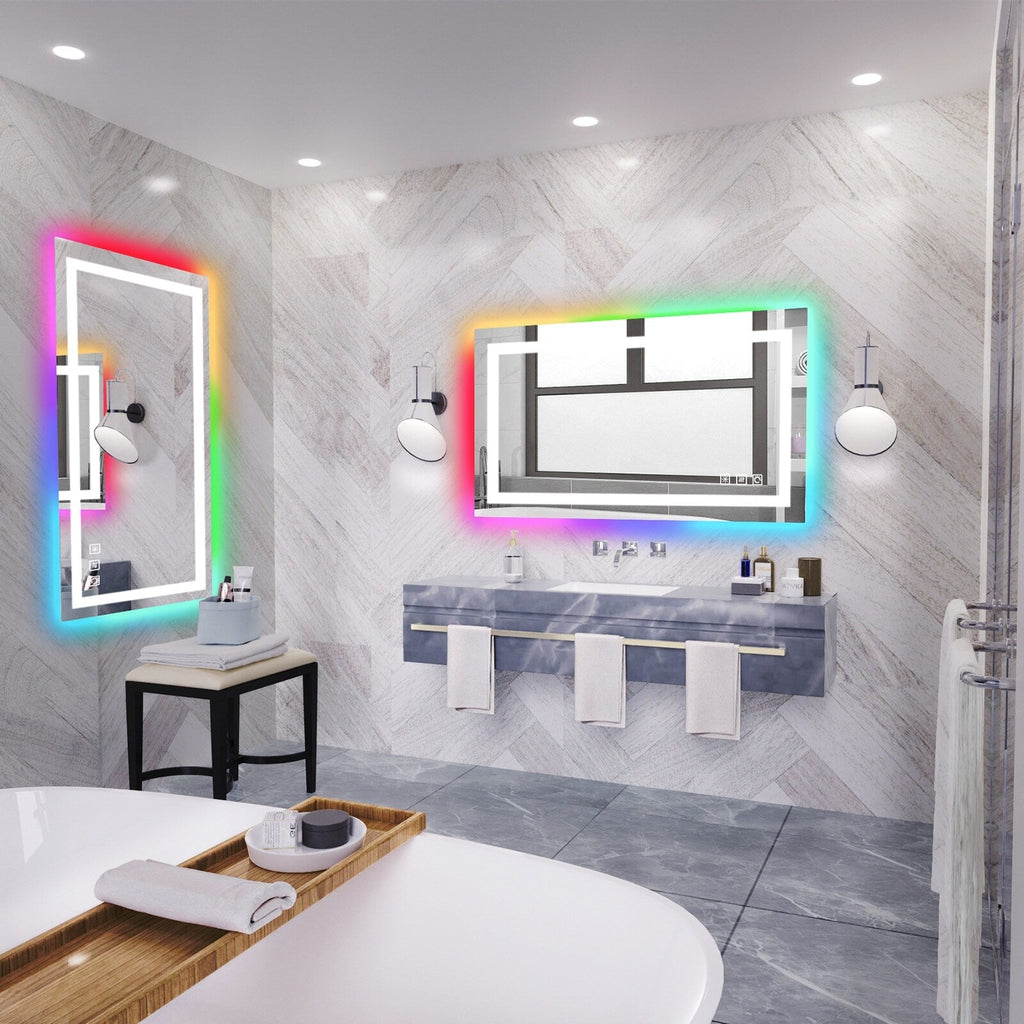 Miroir de salle de bain antibuée rétroéclairé RGB et éclairé par LED