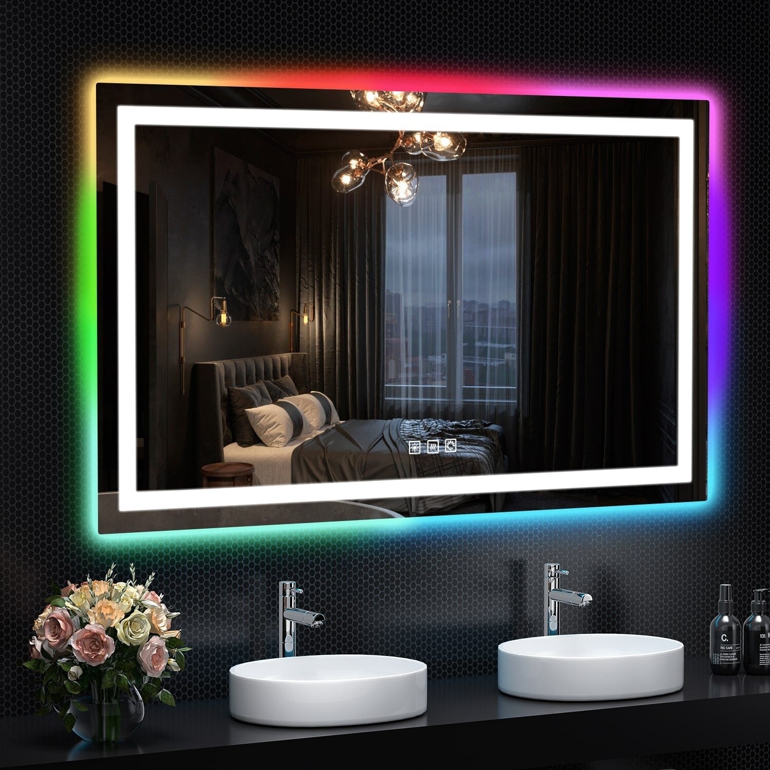Miroir de salle de bain antibuée rétroéclairé RGB et éclairé par LED
