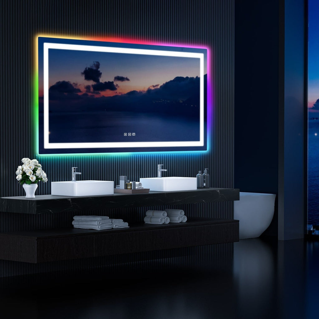 Miroir de salle de bain antibuée rétroéclairé RGB et éclairé par LED