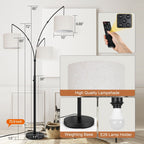 Lampadaire LED arqué à 3 lumières, dimmable, moderne, noir, haut.
