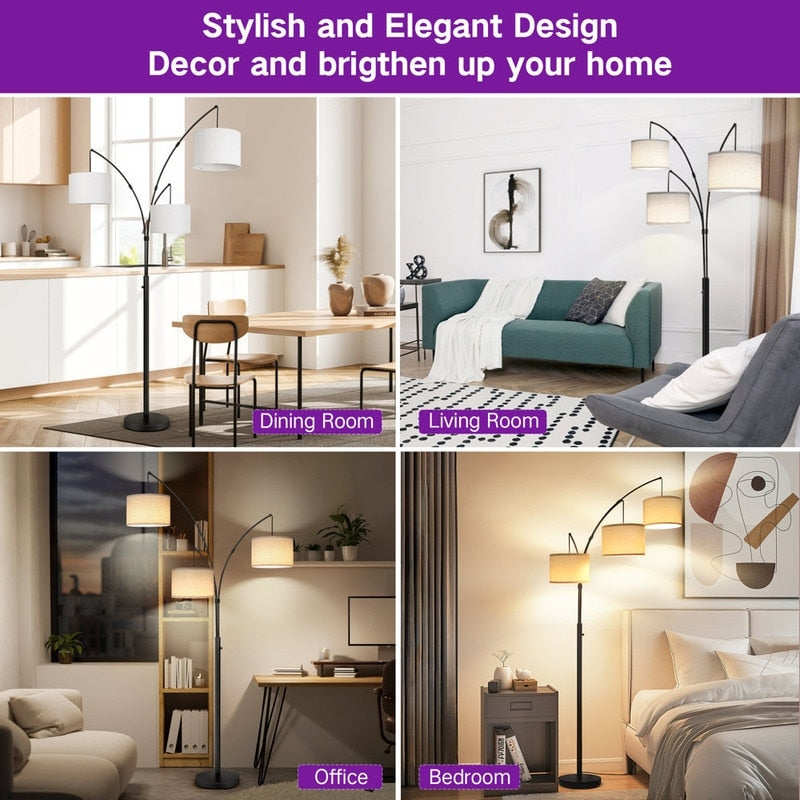 Lampadaire LED arqué à 3 lumières, dimmable, moderne, noir, haut.