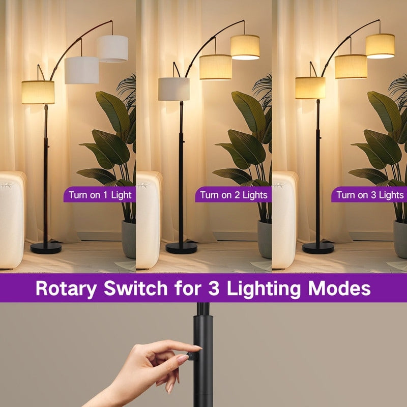 Lampadaire LED arqué à 3 lumières, dimmable, moderne, noir, haut.