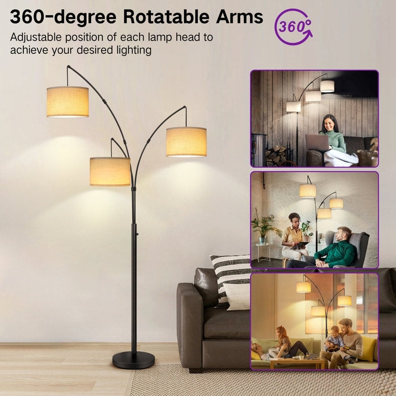 Lampadaire LED arqué à 3 lumières, dimmable, moderne, noir, haut.