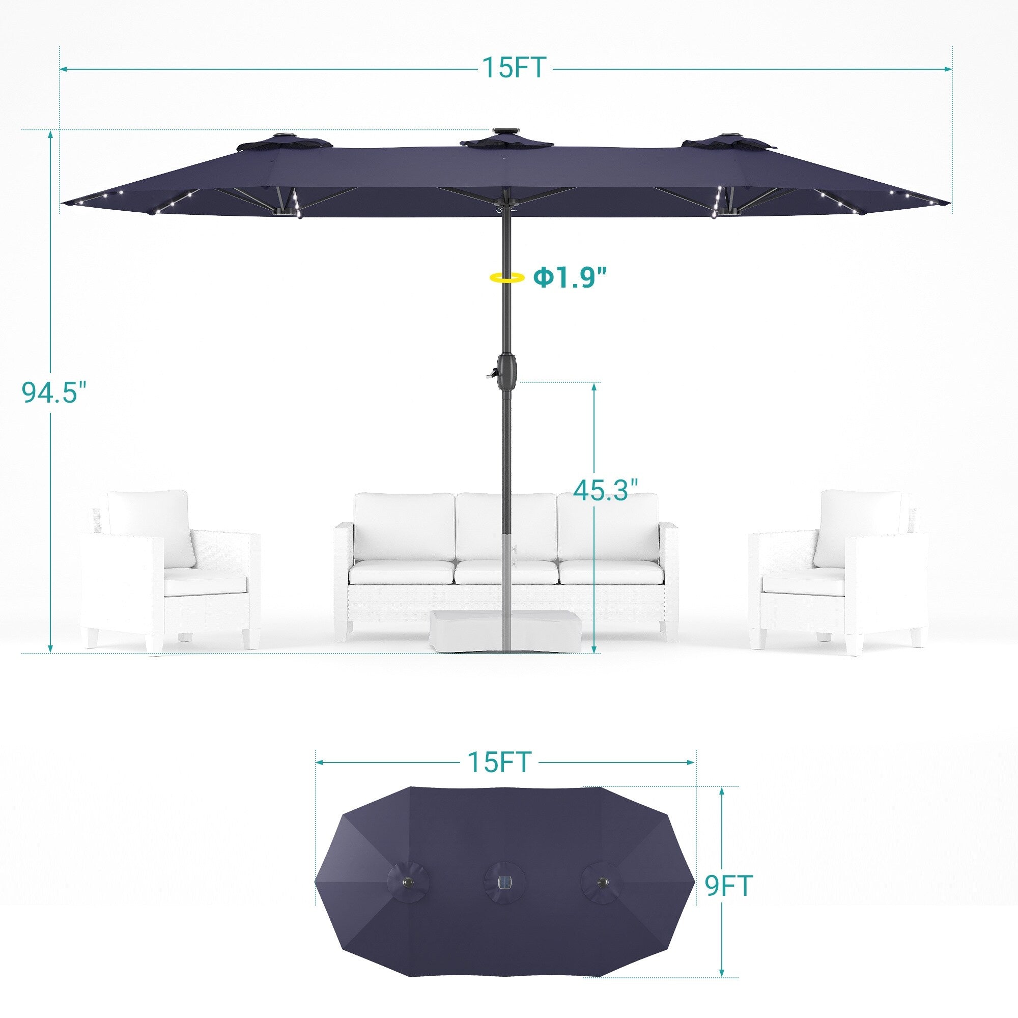 BONOSUKI Parasol de terrasse double face à DEL 15 x 9 pi, grande toile en aluminium