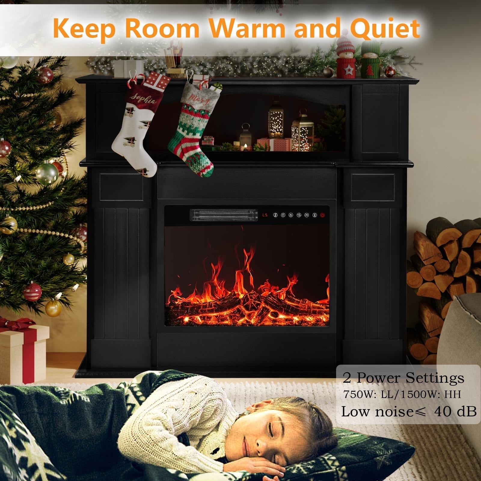 Cheminée électrique BOSSIN 43 avec manteau, insert de cheminée électrique de 58 cm (23 pouces), meuble TV autoportant avec foyer en bois