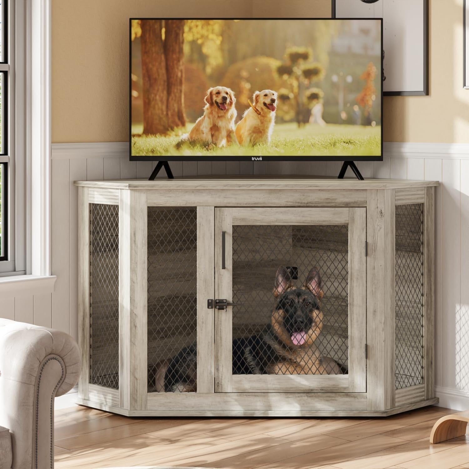 Meuble d'angle pour chien BOSSIN, niche en bois de 44/52 pouces avec filet, niche décorative en bois pour l'intérieur