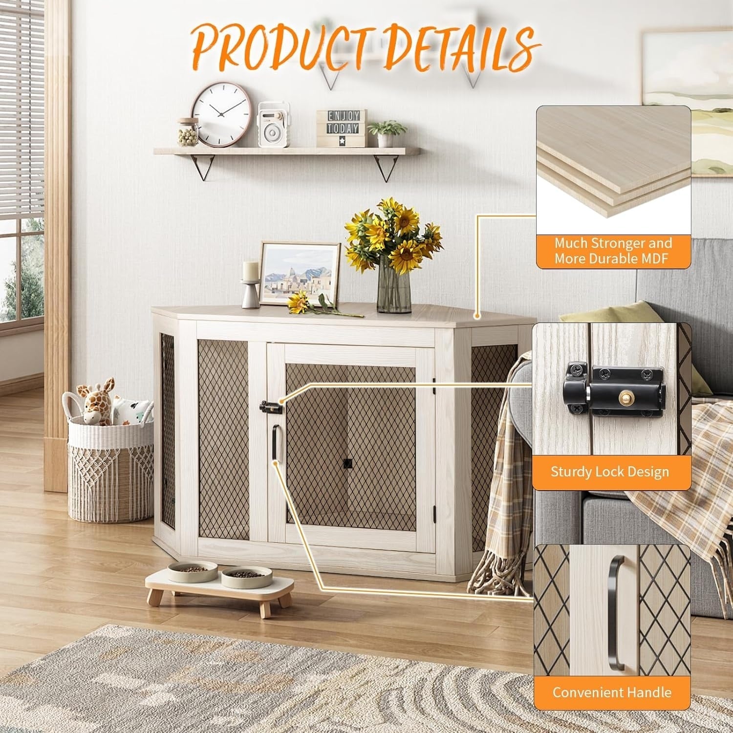 Meuble d'angle pour chien BOSSIN, niche en bois de 44/52 pouces avec filet, niche décorative en bois pour l'intérieur