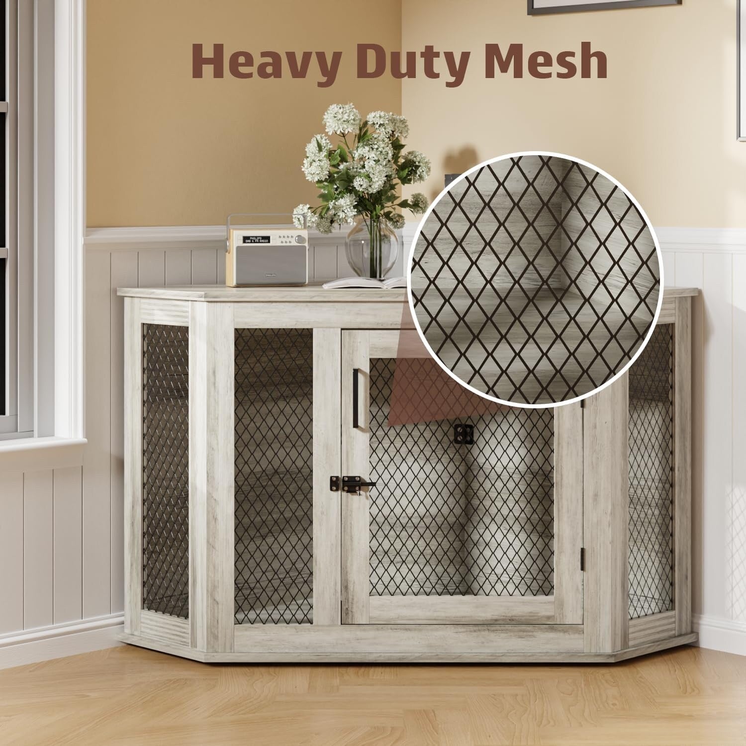 Meuble d'angle pour chien BOSSIN, niche en bois de 44/52 pouces avec filet, niche décorative en bois pour l'intérieur