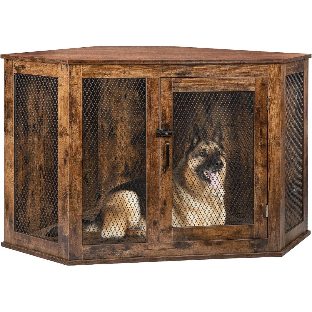 Meuble d'angle pour chien BOSSIN, niche en bois de 44/52 pouces avec filet, niche décorative en bois pour l'intérieur